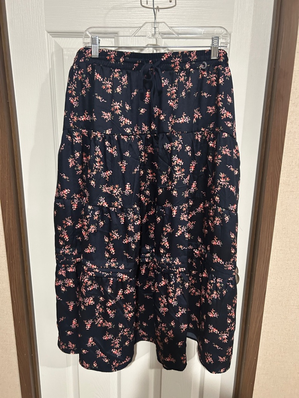 Time and Tru Navy Tiered Skirt with Pink and Coral Floral Print